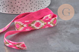 Ruban élastique rose de 16mm avec motif aztèque géométrique doré pour bijoux DIY bohème chic.
