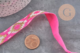 Ruban élastique rose de 16mm avec motif aztèque doré pour bijoux DIY et accessoires bohèmes.