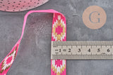 Ruban élastique rose de 16mm avec motif aztèque doré pour bijoux DIY et accessoires bohèmes.