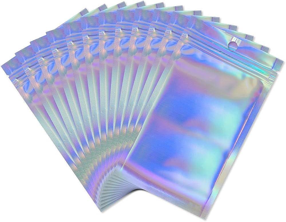 Sacs zippé plastique rectangle gris holographique 14.9x10.5cm, x5 (G8757)