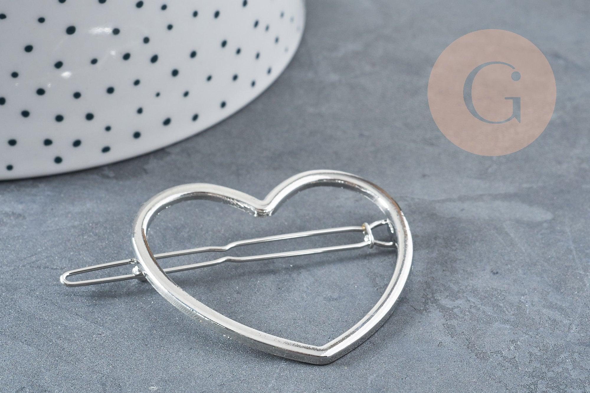Support barrette coeur métal argenté 48.5mm, x1 (G8833)