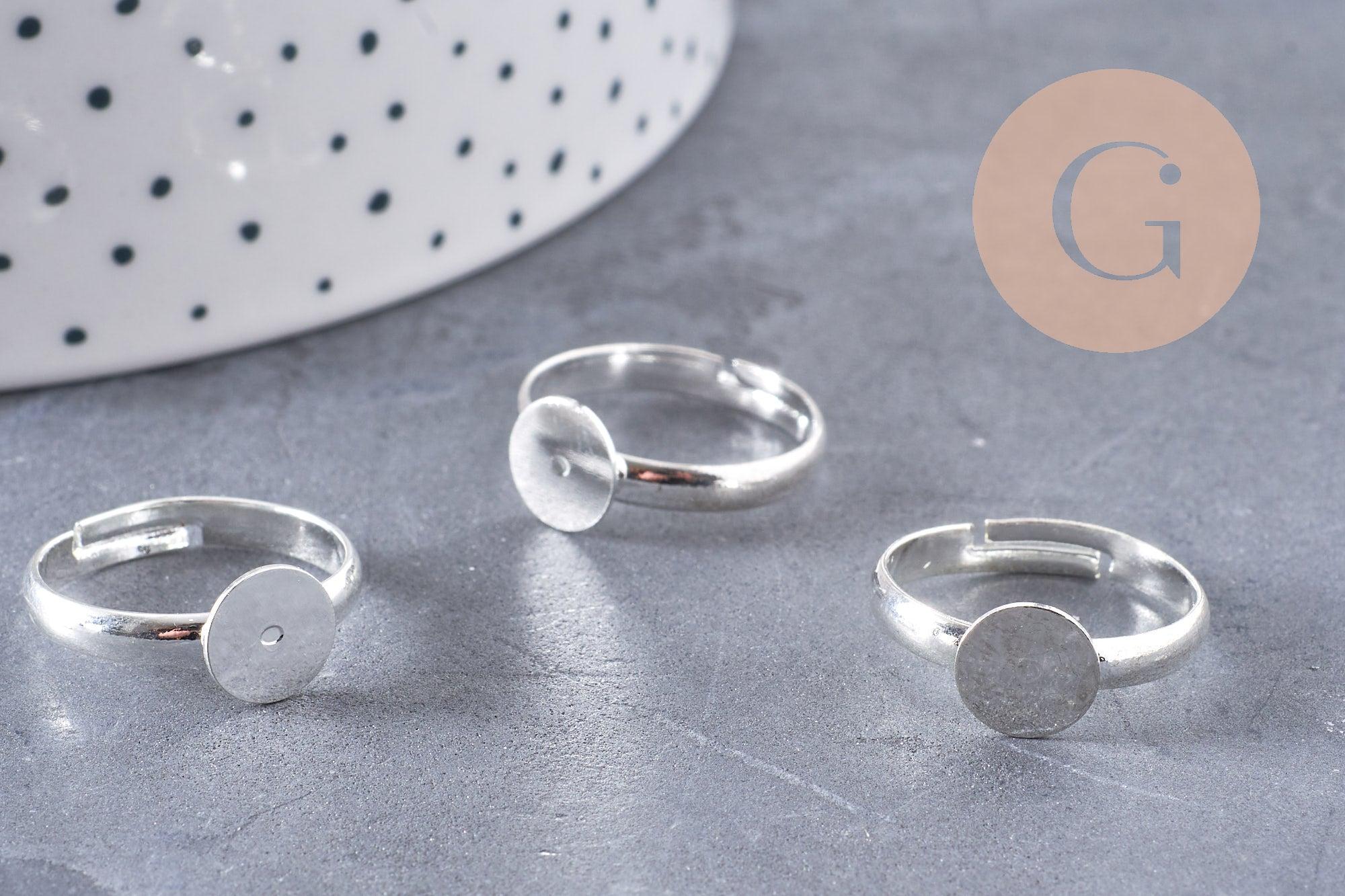 Supports bague reglable argentés plateau 8mm, x4 (G0506)