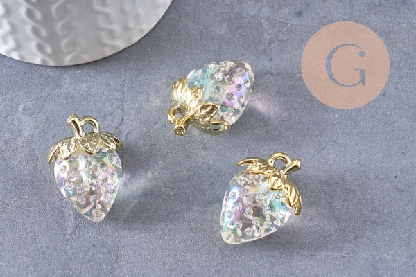 breloque fraise résine transparent laiton doré 28.5mm, x1 (G10411)