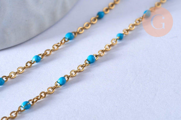 chaine de cheville acier doré 14k résine bleu clair chaine dorée 1.5-2mm/23cm, x1 (G3660)