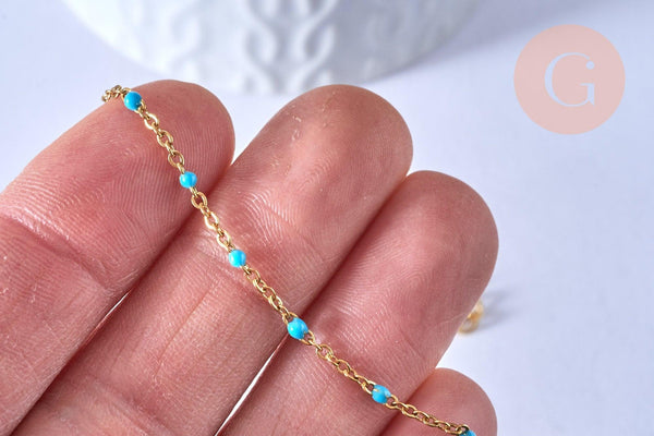 chaine de cheville acier doré 14k résine bleu clair chaine dorée 1.5-2mm/23cm, x1 (G3660)