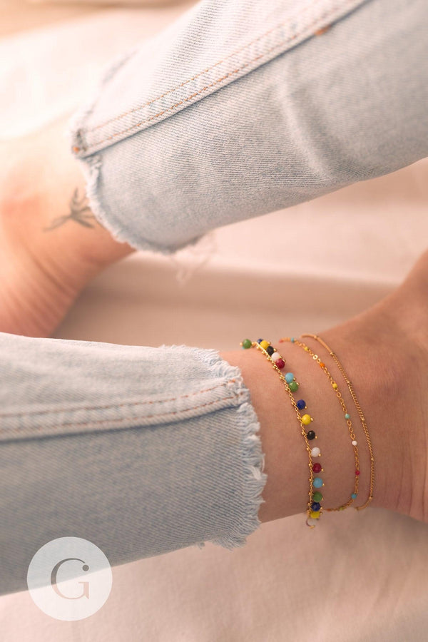 chaine de cheville acier doré 14k résine multicolore chaine dorée 1.5-2mm,23cm, x1 (G3663)