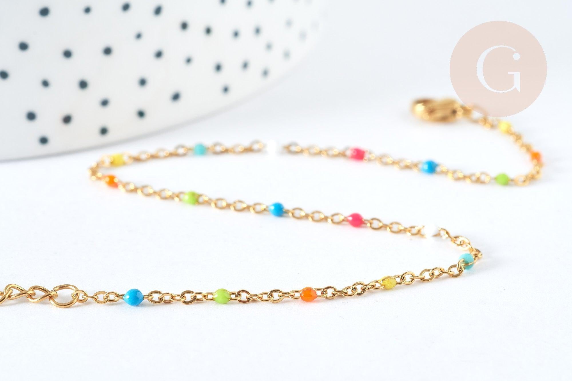chaine de cheville acier doré 14k résine multicolore chaine dorée 1.5-2mm,23cm, x1 (G3663)