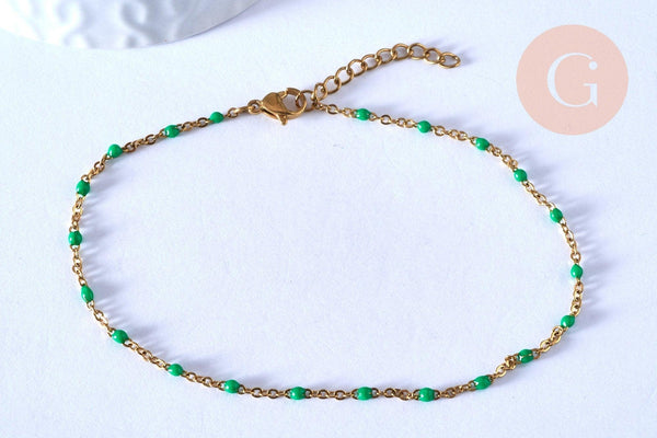 chaine de cheville acier doré 14k résine verte chaine dorée 1.5-2mm/23cm, x1 G3661