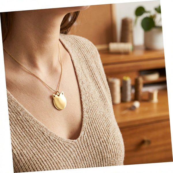 Pendentif tête de chat acier 201 inoxydable doré 29mm personnalisable, x1 (G11017)