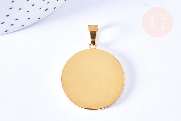 Pendentif rond acier doré à graver 34mm, x1 (G6789)