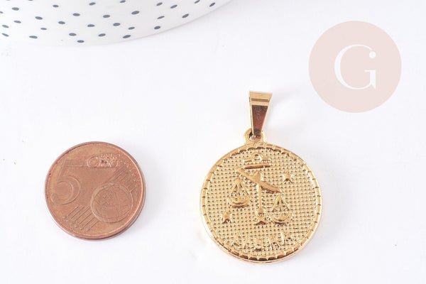 Pendentif médaille ronde Balance acier acier 304 inoxydable doré à graver, x1 (G0817)