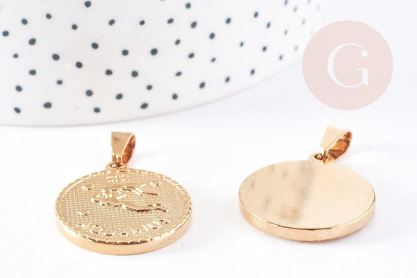 Pendentif médaille ronde Verseau acier 304 inoxydable doré à graver, x1 (G1721)