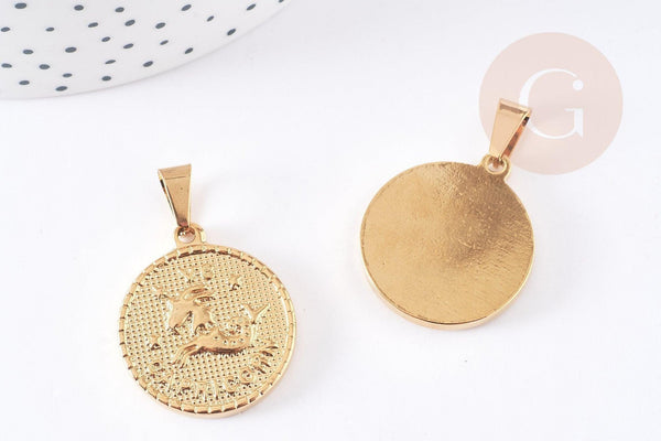 Pendentif médaille ronde capricorne acier doré 29mm, x1 G0818