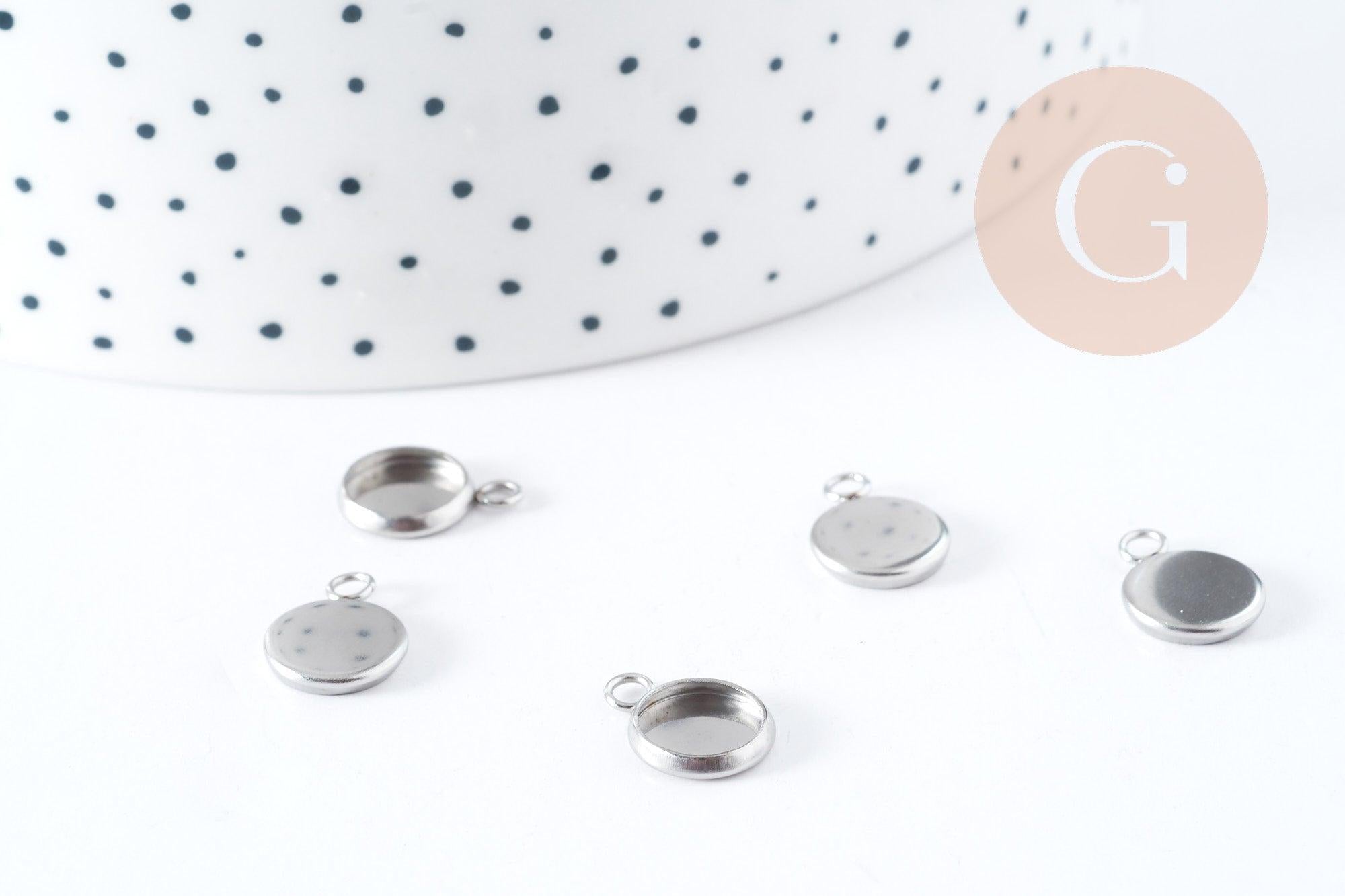 Pendentifs Supports cabochons ronds acier 304 inoxydable platine 8mm, x10 (G8941)