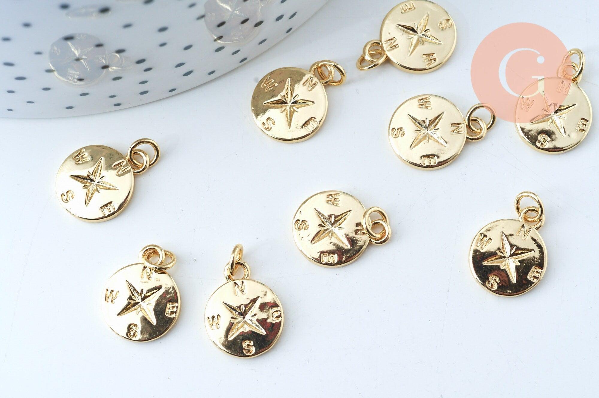 pendentif boussole laiton doré 20k 15.2mm, x1 (G5996)