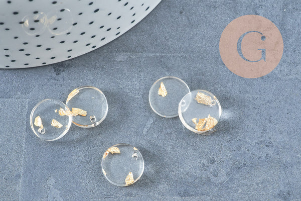 pendentif disque acétate transparent feuille d'or, Perle géométrique ronde pour création bijoux 13.5mm, x5 G4659