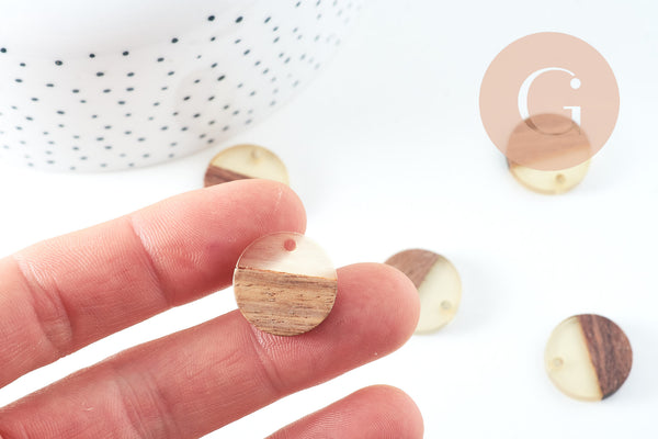 pendentif disque bois résine, bois naturel, perles bois, Perles géométriques,perle ronde,perle ronde bois ,18mm, x5 G1880