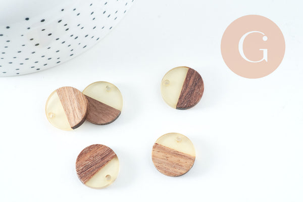 pendentif disque bois résine, bois naturel, perles bois, Perles géométriques,perle ronde,perle ronde bois ,18mm, x5 G1880