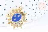 pendentif soleil lune étoiles bleu zamac doré 18k cristal zircon 26mm, x1 (G6682)