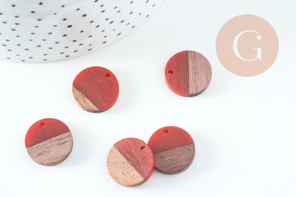 perle disque bois résine orange 18mm,création bijoux bois, x5, G3403