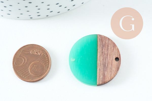 perle disque bois résine turquoise 28mm, création bijoux bois x5 G7518