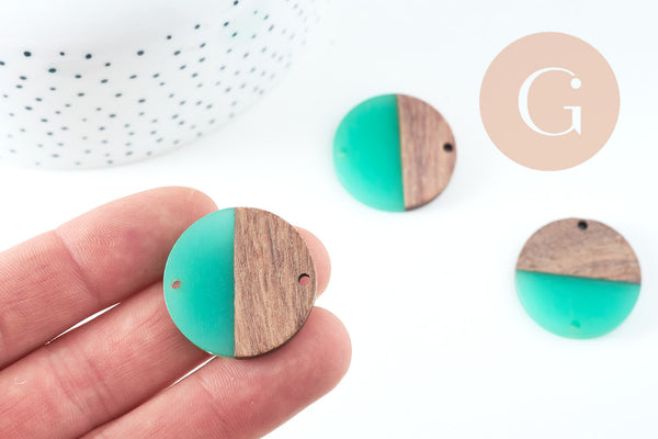 perle disque bois résine turquoise 28mm, création bijoux bois x5 G7518
