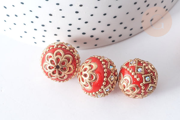 perle indonesienne polymère rouge strass et zamac doré 19.5mm,création bijou ethnique exotique, x1 G7799