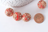 perle indonesienne polymère rouge strass et zamac doré 19.5mm,création bijou ethnique exotique, x1 G7799