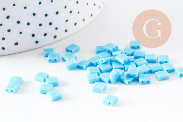 perles rocaille carré verre rectangle bleu, perle carré création bracelet, perle tila,4.5mm,2 trous, x50 (4.8 GR) (G5481)