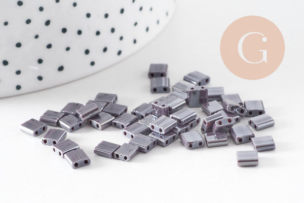 perles rocaille carré verre rectangle violet irisé opaque, perle carré création bracelet, perle tila,4.5mm,2 trous, x50 (4.8GR)(G6311)