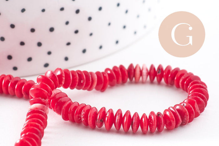 perles rondelles bambou de mer rouge, perles imitation corail, corail naturel, fil de 40cm, 7-7.5mm, x1 (G3886)
